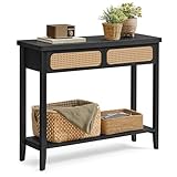 VASAGLE Konsolentisch, Flurtisch, Flur Möbel, schmaler Sofatisch für Wohnzimmer, mit 2 Schubladen, offene Ablage, abgerundete Ecken, Boho-Stil, aschschwarz LNT016B21