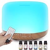 500ML Aroma Diffuser für Ätherische Öle,BPA-frei Aromatherapie Diffuser mit Fernbedienung und 6 * 10ml Ätherische Öle Ultraschall Luftbefeuchter,7 Farben LED-Licht,Wasserlose Abschaltautomatik,Gelb