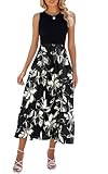 YUTILA Sommerkleid Damen Lang Ärmelloses Maxikleid Sommer Gestreifte Strandkleid Lange Rundhals Tank Top Kleider mit Taschen Elegante