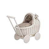 e-wicker24 Puppenwagen aus Weide mit Bettwäsche perfekte Geschenkidee Korbpuppenwagen schöner Spielzeug aus Korbgeflecht Korbwagen für Puppen Spielzeug für Mädchen (Beige)