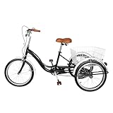 20-Zoll-Erwachsenen-Dreirad-Faltrad mit Einkaufskorb, Dreirädriges Fahrrad für Erwachsene und Senioren zum Einkaufen und Picknicken, Maximales Traggewicht 110 kg, Schwarz