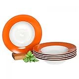 van Well Vario Suppenteller-Set 6-teilig - Teller-Service für 6 Personen - tiefe Pasta-Teller 21,5cm - Porzellan-Set weiß mit Rand in Orange - Salat-Teller mikrowellengeeignet