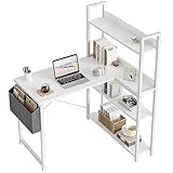 CubiCubi Schreibtisch mit Regal,Eckschreibtisch für Heimbüro,Kleiner L-förmiger Computertisch mit Ablagefächern,Bürotisch mit Aufbewahrungstasche, 100cm Weiß.