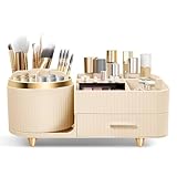 Cinnani Make Up Kosmetik Organizer, 360° Drehbarer Multifunktionale Kosmetikaufbewahrung,Beauty Organizer für Frisiertisch, Bad und Schlafzimmer,Mit multifunktionaler kleiner Schublade(Beige)