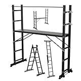 Gimisgu Gerüst, 4 in 1 Alu Multifunktionsleiter 6+6 Stufen, Mobile Mehrzweckleiter mit Plattform und 2 Räder, Arbeitsgerüst, Arbeitsbühne, Belastbar bis max. 150 Kg, Schwarz