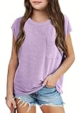 Haloumoning Mädchen T-Shirts Rundhals Kurzarm Kappe Ärmel Top Leicht einfarbig Tee mit Brusttasche Sommer Oberteil Lila 13-14 Jahre