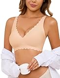 Yusongirl Nahtloser Damen-BH, ohne Bügel, tiefer V-Ausschnitt, Push-Up-BH, kabellos, weicher BH, für jeden Tag, gewellt, Komfort Bralette, Beige, Large
