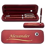 Juwelier Schönschmied Holz Schreibset mit Box | Box, Kugelschreiber und Füllfederhalter mit Wunschgravur | Holzbox mit Kugelschreiberständer | blau schreibend | (Linie)