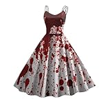 Halloween Kostüm Damen mit Blutigem Aufdruck Mittelalter Kleid Lustige Blutspritzer Gruselig Halloween Kleid V-Ausschnitt Kurzarm Cosplay Partykleid A-Linie Abendkleider Leicht Lose Cocktailkleid