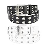 gigitube 2 Stück Doppelloch-Nietengürtel, Punk-Gürtel, Hip-Hop-Gürtel für Damen und Herren, Schwarz und Weiß