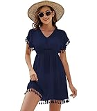 Onfettic Damen Strandkleid Sommer Badeanzug Strandtunika Chiffon Strandponcho Sommerkleider Bikini Cover mit V-Ausschnitt (Blau, M)