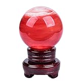 NatüRlicher Roter Kristall-Rubin-Kugel-Kugel, Schmelzender Quarzkristall-Edelstein mit HolzstäNder für Meditation, Heilung, Feng Shui, Wahrsagekugel, Heimdekoration,13cm