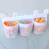 TNSLAND Badewannenspielzeug Aufbewahrung, 3 Fächer Badewannennetz mit 5 STK Häkchen, Badewanne Spielzeug Aufbewahrung Netz für Badespielzeug Badewannenspielzeug Hängeorganizer Tasche für Kinder Bäder