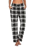 Ekouaer Schlafanzughose Damen Schlafanzug Lang Pyjamahose Jerseyhose Karierte/Unifarbe Freizeithosen Hausehose mit Zwei Taschen Schwarz S
