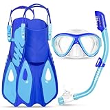 Schnorchelausrüstung für Kinder im Alter von 5–15 Jahren, 4-in-1-Maske, Flossen, Schnorchel-Set mit HD-gehärtetem Glas, Panoramablick, Anti-Beschlag-Maske, Dry-Top-Schnorchel, verstellbare
