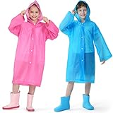 Opret 2 Stück Regenponcho Kinder, Wiederverwendbar Wasserdicht Regencape Kinder mit Kapuze und Ärmeln, Eva Atmungsaktiv Regenschutz Regenmantel für Mädchen Jungen Wandern Camping Reisen