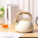 BAODBF 3L Pfeifkessel Herd,Pfeifkessel aus Edelstahl,Hammermuster Edelstahl Wasserkocher,Teekanne mit Seitlichem Griff,Retro Teekessel für Heimkocher Herd Gas Elektrisch,Beige Weiß