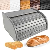 Creative Home Grau Brotkasten Holz | 38 x 28,5 x 17,5cm (+/-1cm) | Perfekte Brotbox für Brot Brötchen Kuchen | Brotkiste mit Roll-Deckel | Natürliche Brot-Kiste | Brotbehälter für Jede Küche