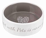 TRIXIE Keramiknapf Pet's Home – Fressnapf für Hunde & Katzen – mit Herzmotiv – für Futter, Wasser und Milch – spülmaschinenfest – 0,3 l/ø 12 cm – Creme/Taupe – 25053