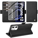Giyer Handyhülle für iPhone 12/12 Pro Hülle mit Schutzfolie, Standfunktion Kartenfach Wallet Premium Leder Schutzhülle für iPhone 12/12 Pro 5G 6.1 Zoll Flip Case Cover Stoßfeste Klapphülle (Schwarz)