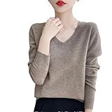 Damen Wollpullover V-Ausschnitt First-Line Fleece Merino Wolle Strickpullover, Hellbraun, XXL