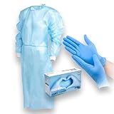 IEA Medical Schutz-Set: Schutzkittel Blau M & Nitrilhandschuhe Blau M, Schutz im Arbeitsalltag, Op-Kittel, Arzt-Kittel, Einweghandschuhe, blau