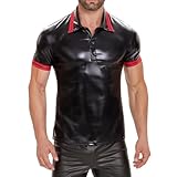 Generisch Schwarz,5XL, Männer Sexy Lackleder Freizeit Revers Kurzarm T-Shirt Mantel Nachtclub Bühne Zeigen Kleidung