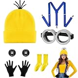 Yieson Minions Kostüm, Minions Kostüm Erwachsene, 1 Paar klassische schwarze Handschuhe 1 Brille 1 blauen Hosenträger und 2 Knöpfe, für Karneval, Halloween-Party, Weihnachtsrollenspiel (Gelb)