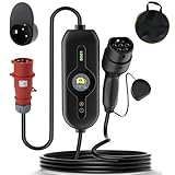 Tragbares EV-Ladegerät Typ 2 auf CEE 3-Phasen-Stecker 22 kW Einstellbarer Strom 8-32A Wallbox-Ladekabel Typ 2 mit UI-Bildschirmanzeige, Zeitverzögerung 1-10 Stunden & Tasche, IP66 wasserdicht,5m