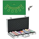 SPORTNOW Pokerkoffer Set, 300 Pokerchips 11,5 Gramm, Pokerset mit Schloss, 2 Pokerdecks, 5 Würfel, 1 Dealer Button, 1 Small Blind,1 Big Blind, Silber