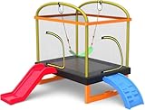 PILIN Trampolin Outdoor, Quadratisches Trampolin mit Rutsche und Kletterleiter mit Sicherheitsnetz, Liner, Schaukel, Gartentrampolin für den Innen- und Außenbereich, Geburtstagsgeschenk für Kinder