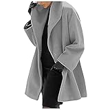 Kurzmantel Damen Übergang Damen Jacke Frühling Mantel Damen Elegant Frauen Warm Waffel Einfarbige Revers Langarm Lang Wollmantel Mit Knöpfe Elegante Lange Ärmel Wolljacke Mit Taschen (3-Gray, 3Xl)