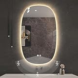 HCBUTAE Ovaler Badezimmer Kosmetikspiegel mit 3-Farbiger LED, dekorativer Wandspiegel mit intelligenter Körpererkennung, beschlagfrei, dimmbare Beleuchtung, IP44 wasserdicht(60 * 80 cm)
