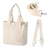 Halinuia Handtasche Canvas Tasche Damen, Tote Bag, Umhängetasche Damen Schultertasche Mode Tote Tasche mit Vielen Fächern Austauschbar Gurt für Umhängetasche für Schule Arbeit Alltag Lässige(Weiß)