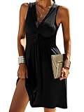 Imily Bela Damen Kleid Tiefer V-Ausschnitt Freizeitkleid Ärmellos Cross Wrap Tankkleid Sommer Falten Partykleid(Schwarz, S)