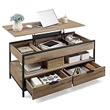 VASAGLE Couchtisch, höhenverstellbarer Wohnzimmertisch, Kaffeetisch, mit Schubladen, offenes Fach, 50 x 100 cm, Kamelbraun-tintenschwarz LCT209K02