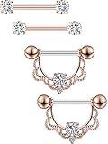 2 Paar Edelstahl Nippel Ring CZ Barbell Nippel Strass Ringe Nippel Zunge Piercing Schmuck (Rosa Gold Barren)