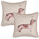 HAES DECO - 2er Set Kissenbezug - Größe 40x40 cm - Farben Weiß/Beige/Braun - aus 100% Baumwolle - Kollektion: Dachshund Love - Zierkissen Kissenbezug, Stuhlkissen