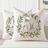 Kiatuniya Ostern Kissenbezug Hasen Kissen 40 x 40 cm Frühling Blatt Grün Kranz Osterdeko Sofakissen Modern Zierkissenbezug Cushion Cover Couch Wohnzimmer Deko Bunny Kissenhüllen 2er Pack