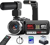 Videokamera 8K Camcorder 64MP WiFi Vlogging Kamera mit IR Nachtsicht für YouTube, 3-Zoll-Touchscreen, 18X Digitalzoom Webcam Camera mit Mikrofon,Stabilisator,Fernbedienung, 64GB SD Karte und 2 Akkus