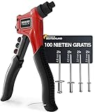 RAM TOOLS® Nietenzange, Nietzange Set inkl.100 Nieten in 4 Größen, Blindnietzange mit patentierter Technik, Nieten Setzen auf Profiniveau