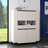 Forte VODOL Highboardvitrine 130, moderner Vitrinenschrank mit 2 Türen und abgerundetem Eckendesign, Holzwerkstoff, Sand, 130,3 cm breit x 161,1 cm hoch x 44,8 cm tief