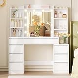 Hzuaneri Schminktisch mit 8 Schubladen, Großer Spiegel mit RGB-LED-Beleuchtung, Integrierte Schmuckablage, 100 cm breite Arbeitsplatte mit Nachttisch, Weiße DT41103XEU‌