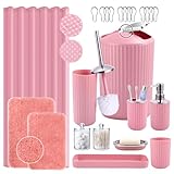 XLHOMO 24-teiliges rosa Badezimmer-Zubehör-Set mit Duschvorhang und Teppichen, Badezimmer-Sets mit extra weichen und saugfähigen Badteppichen, Duschvorhang, rosa Badezimmer-Sets für Badewanne