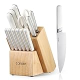 Messerblocksets Carote Gourmet Selbstschärfender Messerblock Set 14-teilig, Messer und Schere aus rostfreiem Edelstahl/Kunststoff-Griff, Holzblock Esche, Profi Scharf Küchenmesserset