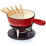 Bonvivre Gusseisen Fondue Set für 6 Personen - 2 Liter - Fondueset 9-teilig mit Brenner und 6 Gabeln - mit Emaille-Beschichtung - geeignet für Käsefondue Schokofondue Fleischfondue Gemüsefondue
