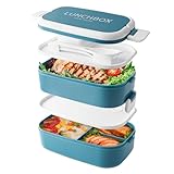 Bento Lunch Box stapelbar, 1400ml Behälter mit 4 Fächern und Besteck, auslaufsichere 2-Schicht-Boxen, für Erwachsene Kinder Büro, Mikrowelle spülmaschinenfest (Blau)