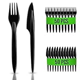 RAGO® Wiederverwendbaren Plastikbesteck Set 100 Stück PREMIUM Campingbesteck I Robust Reisebesteck Outdoor Besteck I Plastikbesteck Mehrweg- Schwarz - 50 Gabeln/50 Messer