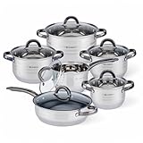 EliteHoff Topfset Induktion, Kochtopf Set mit Glasdeckel, 7-lagiger Edelstahl Topf und Pfannenset mit Deckel, Griffe in Schwarz, Kochgeschirr Set für alle Herdarten (12-teilig)