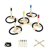 SUBTLETY Ringwurfspiel aus Holz Wurfspiel Set mit 5 Wurfringe und 5 Spielstäben Outdoor Holzspiel Gartenspielzeug für Kinder & Erwachsener Ringwurf Spielezeug für Garten Familienfeiern Party